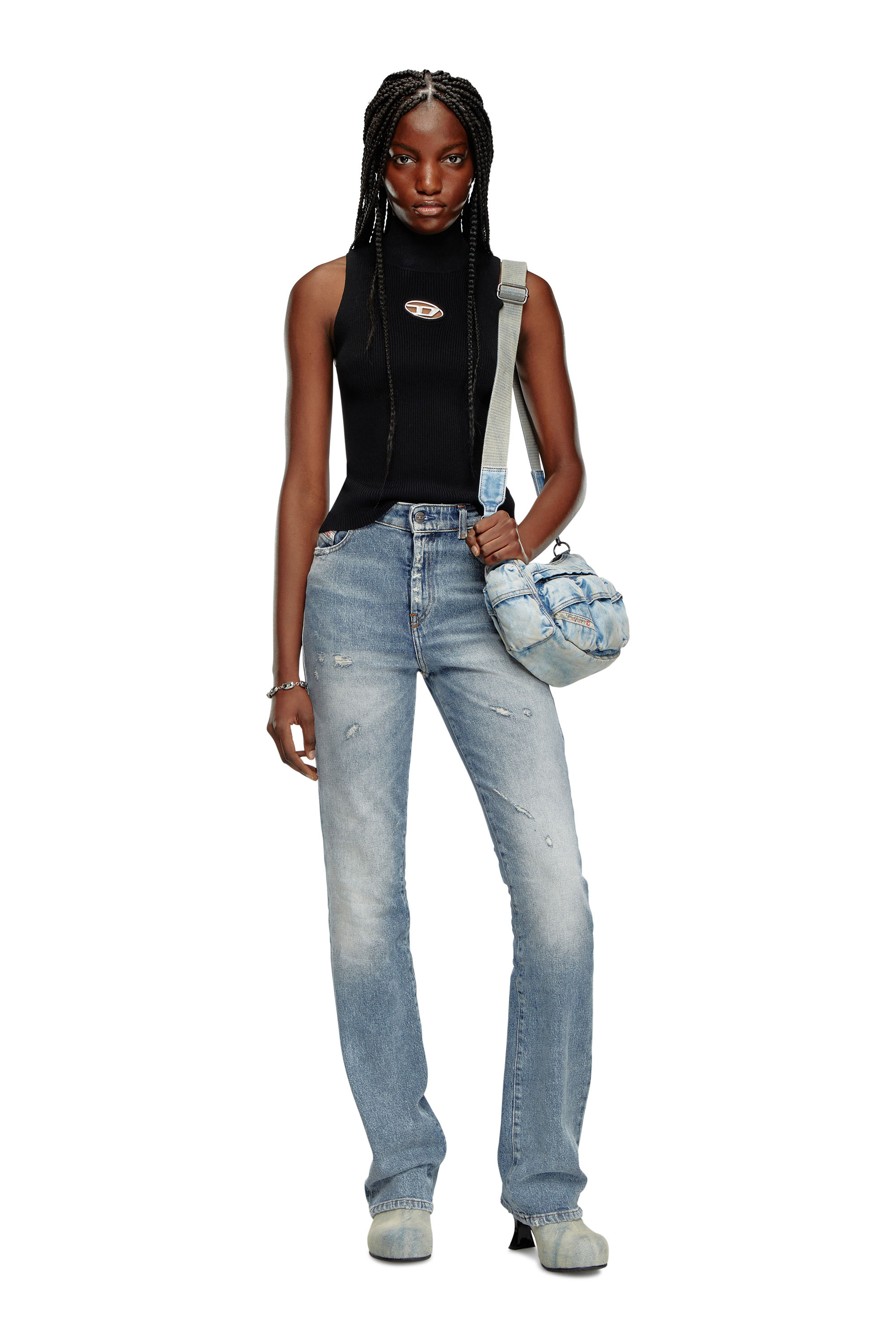 Diesel - M-ONERVAX-TOP, Damen Rollkragen-Top aus Rippstrick in Schwarz/Grau - 2