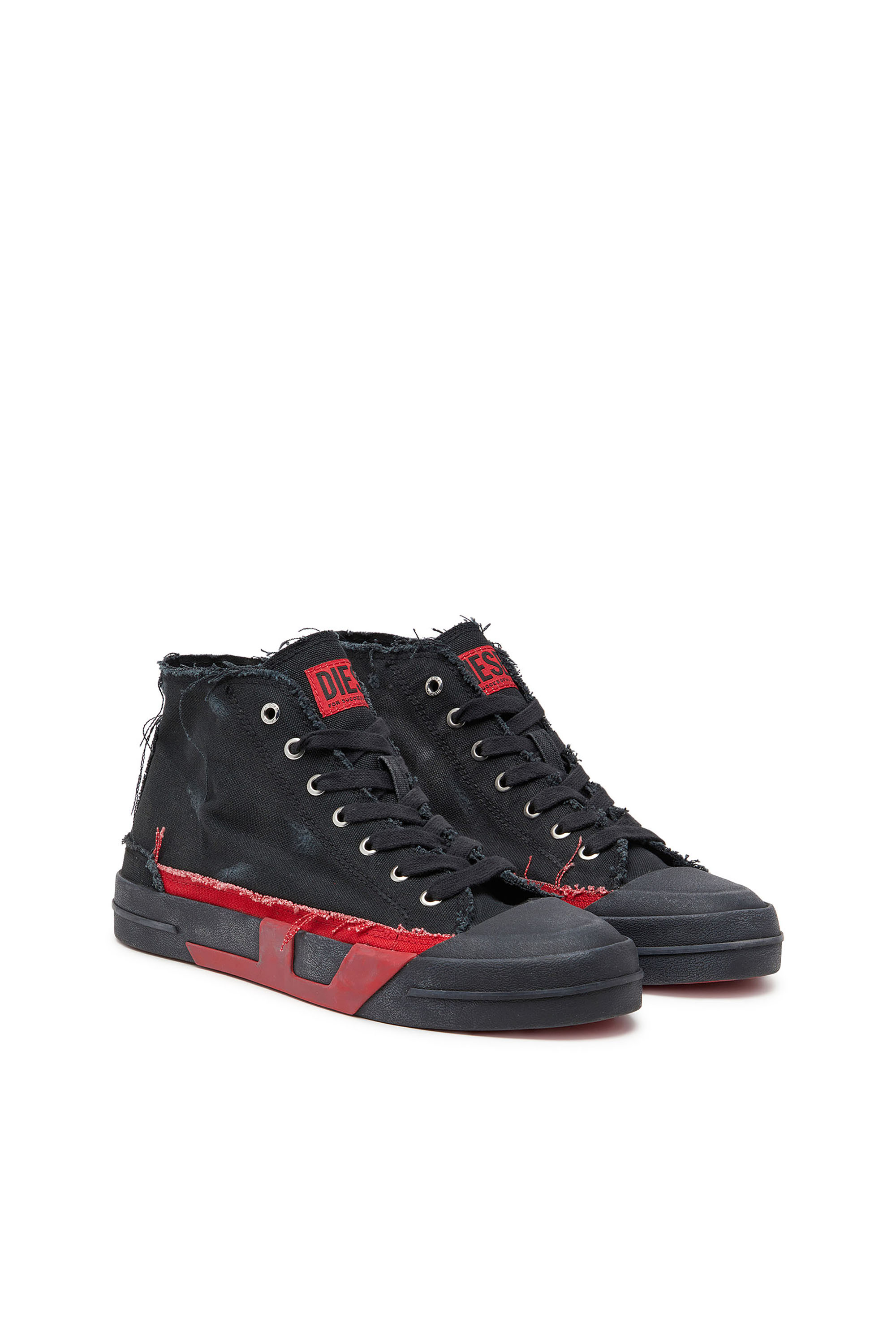 Diesel - S-D-VERSE MID II, Man's S-D-Verse-Distressed high-top sneakers in canvas in Black/Red - 3